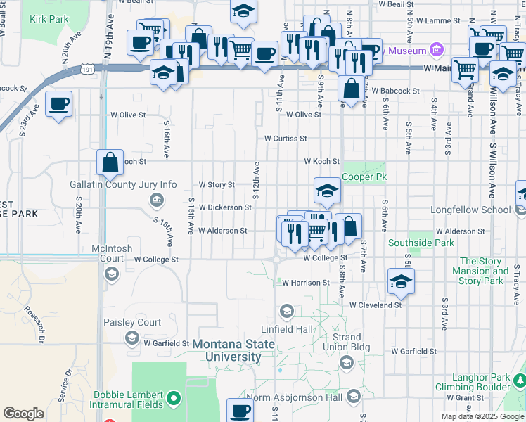 map of restaurants, bars, coffee shops, grocery stores, and more near 604 S 12th Ave in Bozeman