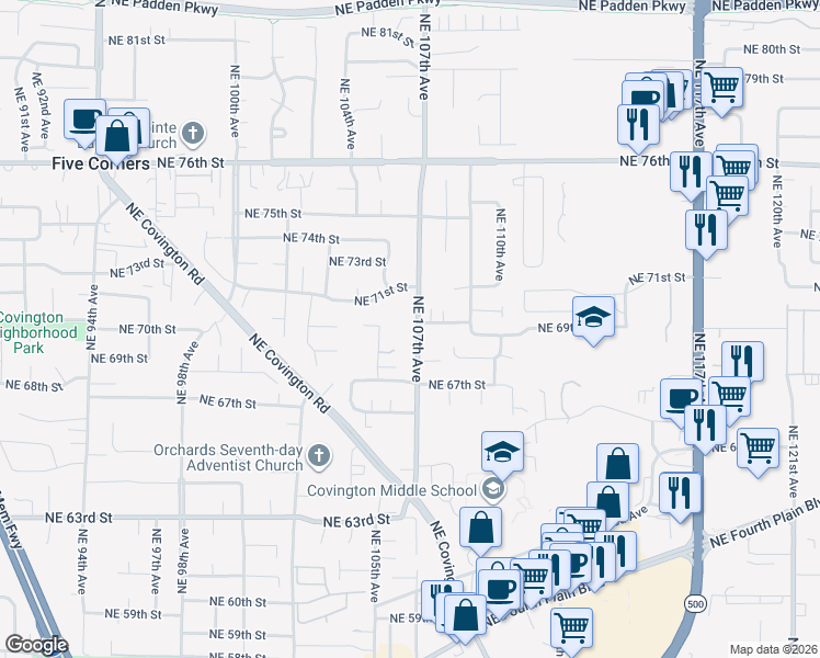 map of restaurants, bars, coffee shops, grocery stores, and more near 6918 Northeast 107th Avenue in Vancouver