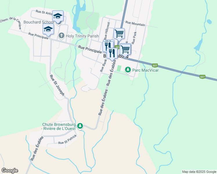 map of restaurants, bars, coffee shops, grocery stores, and more near 385 Rue des Érables in Brownsburg