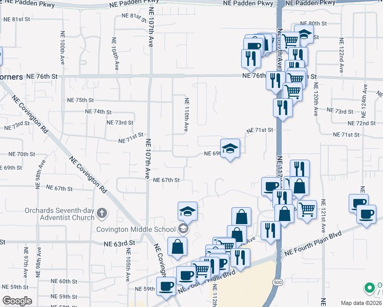 map of restaurants, bars, coffee shops, grocery stores, and more near 10909 Northeast 70th Circle in Vancouver