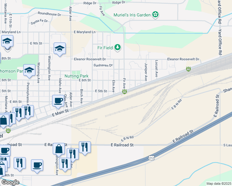 map of restaurants, bars, coffee shops, grocery stores, and more near 1103 East Main Street in Laurel