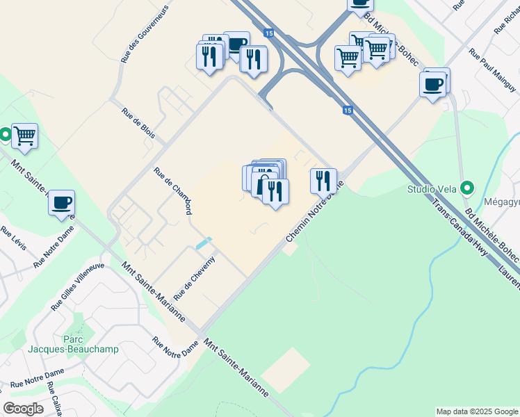 map of restaurants, bars, coffee shops, grocery stores, and more near 19001 Chemin Notre Dame in Mirabel