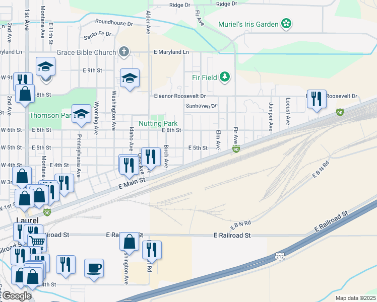 map of restaurants, bars, coffee shops, grocery stores, and more near 421 Cottonwood Avenue in Laurel