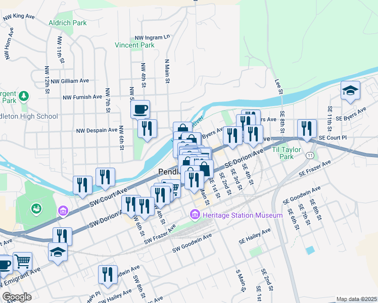 map of restaurants, bars, coffee shops, grocery stores, and more near 124 South Main Street in Pendleton