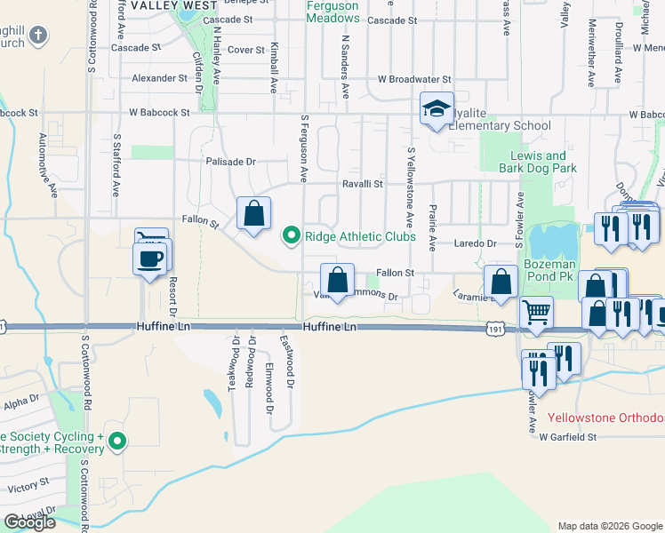 map of restaurants, bars, coffee shops, grocery stores, and more near 4181 Fallon St in Bozeman