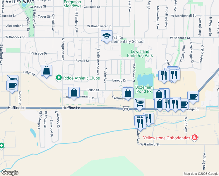 map of restaurants, bars, coffee shops, grocery stores, and more near 516 Prairie Avenue in Bozeman