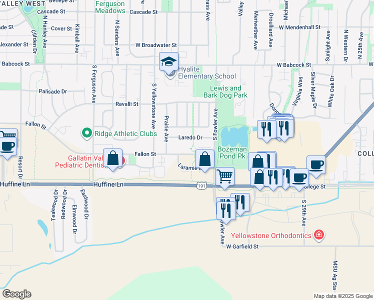 map of restaurants, bars, coffee shops, grocery stores, and more near 3505A Fallon Street in Bozeman