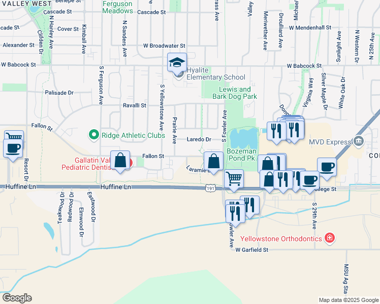 map of restaurants, bars, coffee shops, grocery stores, and more near 3505 Fallon Street in Bozeman