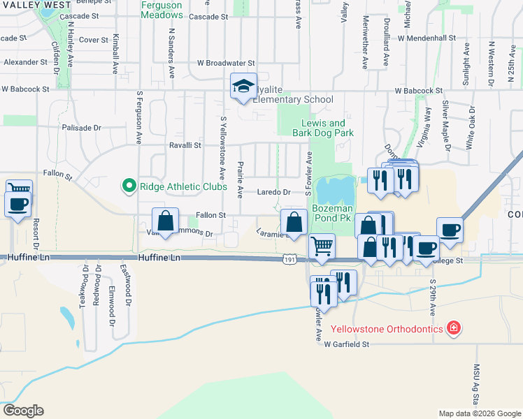 map of restaurants, bars, coffee shops, grocery stores, and more near 3505A Fallon Street in Bozeman