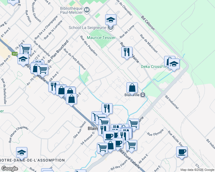 map of restaurants, bars, coffee shops, grocery stores, and more near 29 Rue des Saules in Blainville
