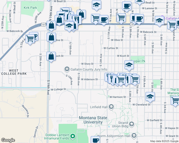 map of restaurants, bars, coffee shops, grocery stores, and more near 1351 West Dickerson Street in Bozeman