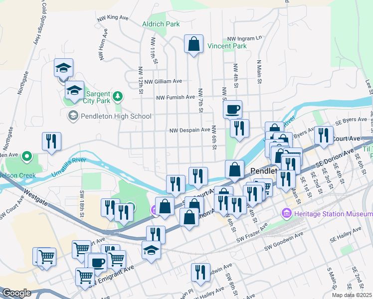 map of restaurants, bars, coffee shops, grocery stores, and more near 123 Northwest 8th Street in Pendleton