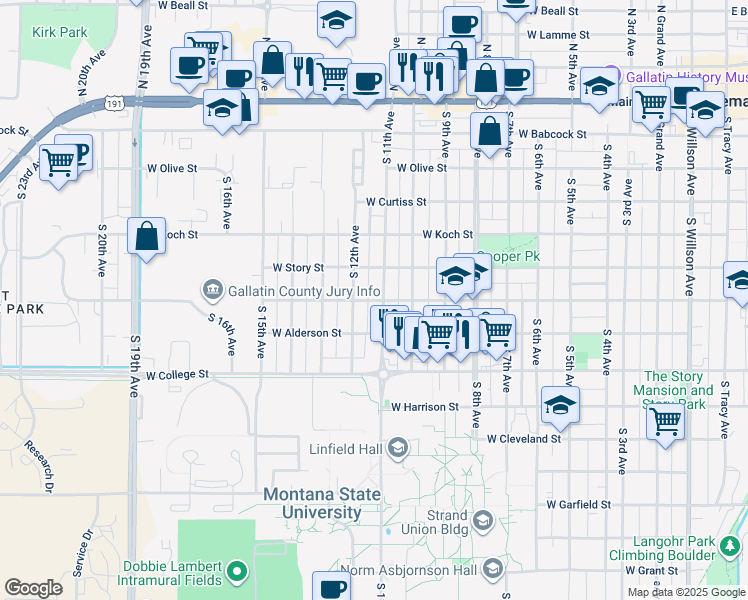 map of restaurants, bars, coffee shops, grocery stores, and more near 1105 West Dickerson Street in Bozeman