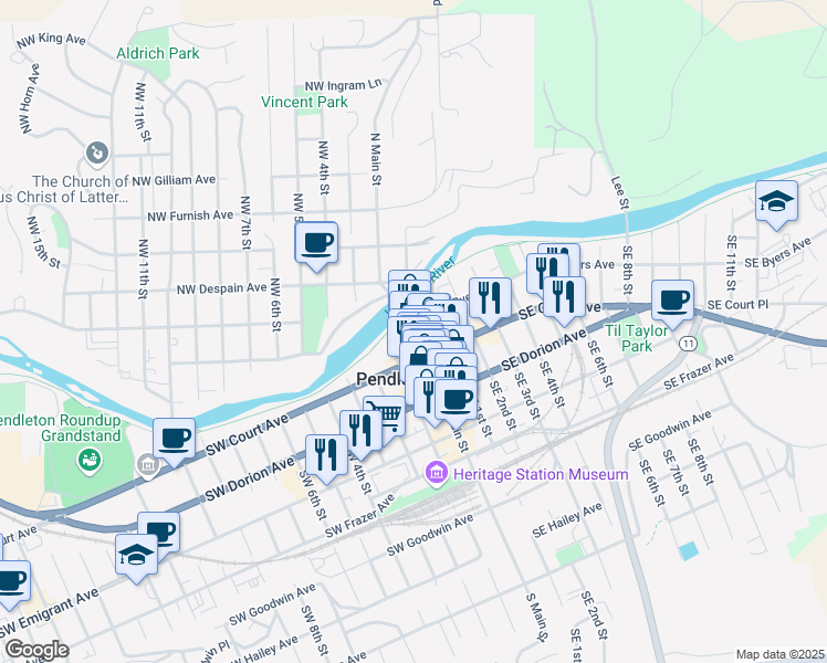 map of restaurants, bars, coffee shops, grocery stores, and more near 124 South Main Street in Pendleton