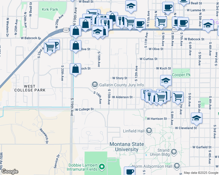 map of restaurants, bars, coffee shops, grocery stores, and more near 1499 West Dickerson Street in Bozeman