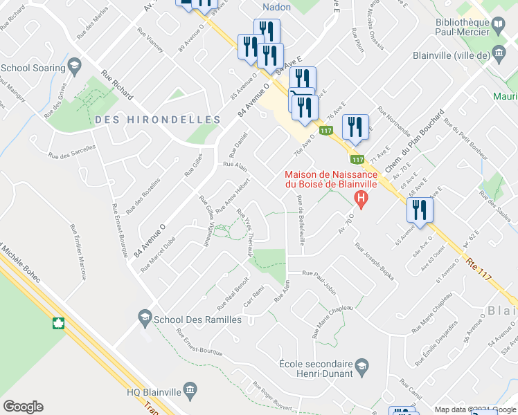 map of restaurants, bars, coffee shops, grocery stores, and more near 51 Rue Félix Antoine Savard in Blainville