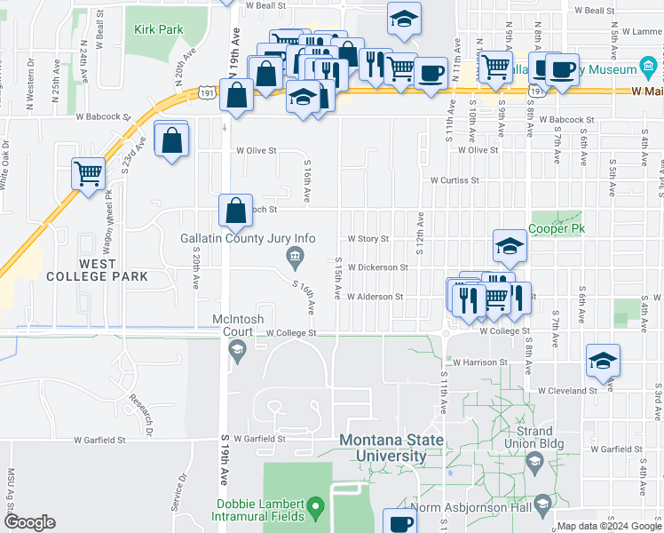 map of restaurants, bars, coffee shops, grocery stores, and more near 519 South 15th Avenue in Bozeman