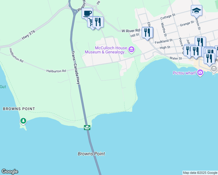 map of restaurants, bars, coffee shops, grocery stores, and more near 107 Harbour Crossing Drive in Pictou