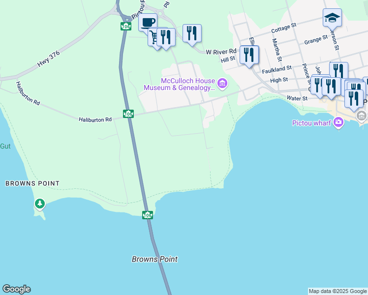 map of restaurants, bars, coffee shops, grocery stores, and more near 107 Harbour Crossing Drive in Pictou