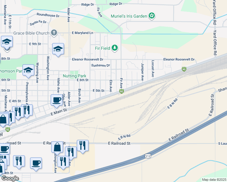 map of restaurants, bars, coffee shops, grocery stores, and more near 501 Elm Avenue in Laurel