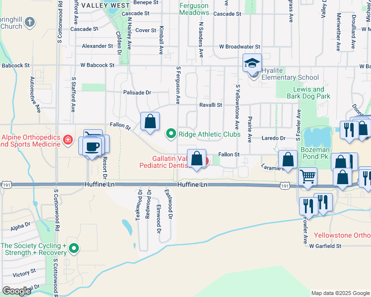 map of restaurants, bars, coffee shops, grocery stores, and more near 4181 Fallon St in Bozeman