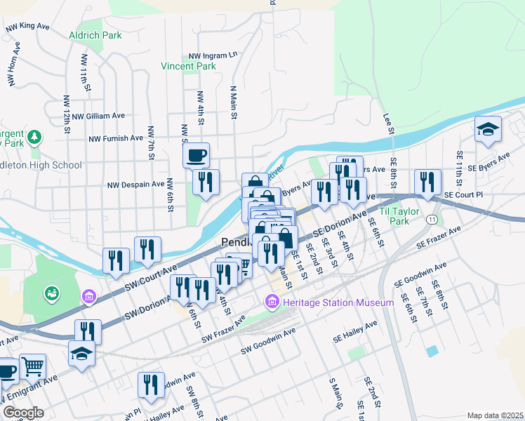map of restaurants, bars, coffee shops, grocery stores, and more near 116 South Main Street in Pendleton