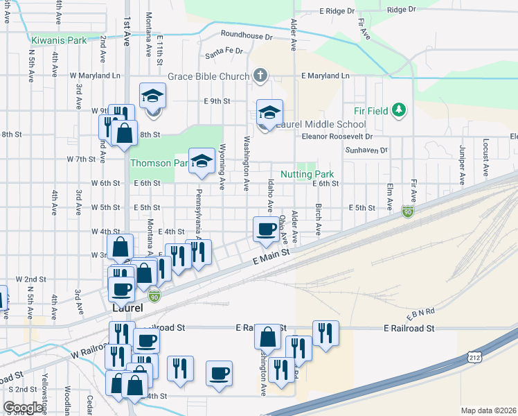 map of restaurants, bars, coffee shops, grocery stores, and more near 648 East 5th Street in Laurel