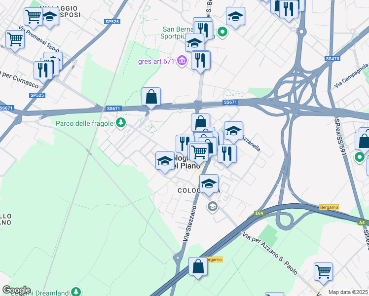 map of restaurants, bars, coffee shops, grocery stores, and more near 15 Via Carlo Alberto in Bergamo