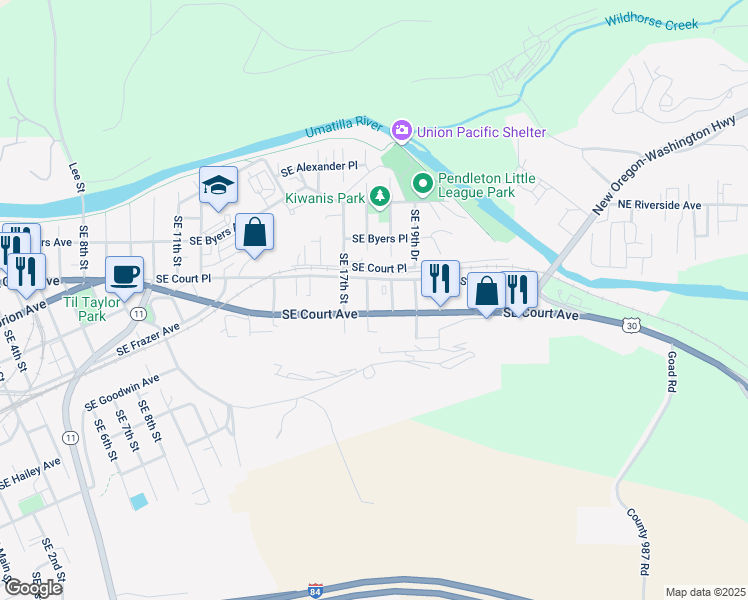 map of restaurants, bars, coffee shops, grocery stores, and more near 414 Southeast 18th Street in Pendleton