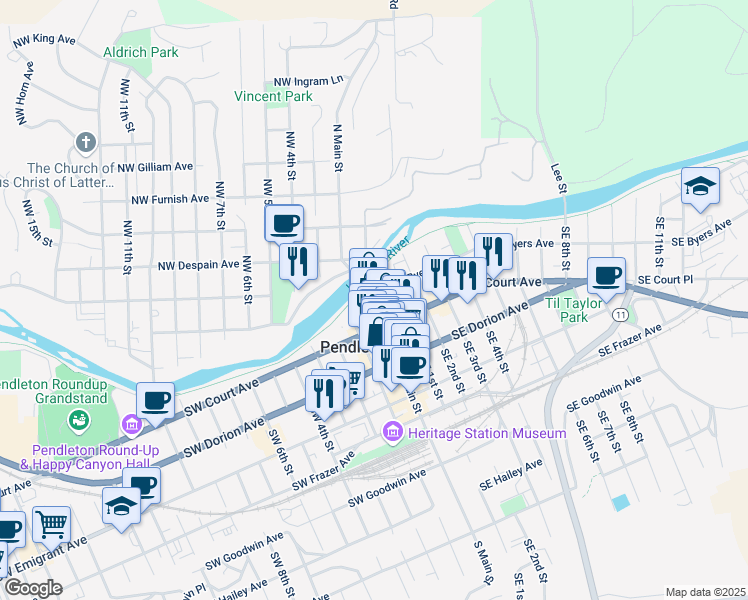 map of restaurants, bars, coffee shops, grocery stores, and more near 116 South Main Street in Pendleton