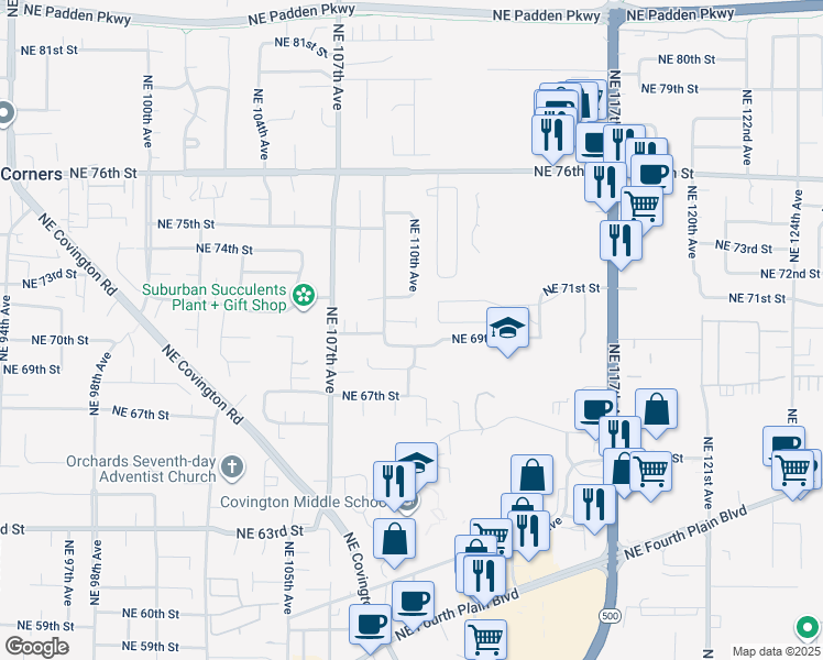 map of restaurants, bars, coffee shops, grocery stores, and more near 10909 Northeast 70th Circle in Vancouver