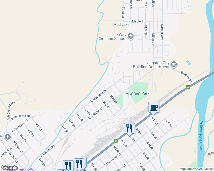 map of restaurants, bars, coffee shops, grocery stores, and more near 616.5 N M St in Livingston