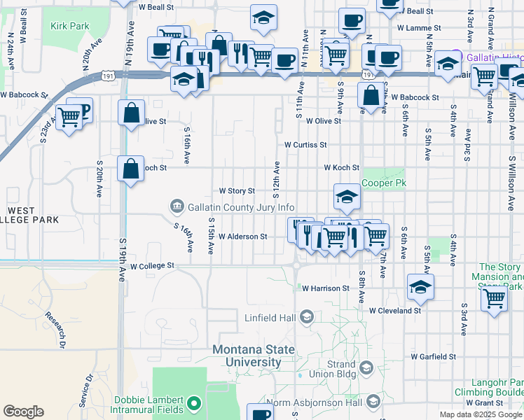 map of restaurants, bars, coffee shops, grocery stores, and more near 1217 West Dickerson Street in Bozeman