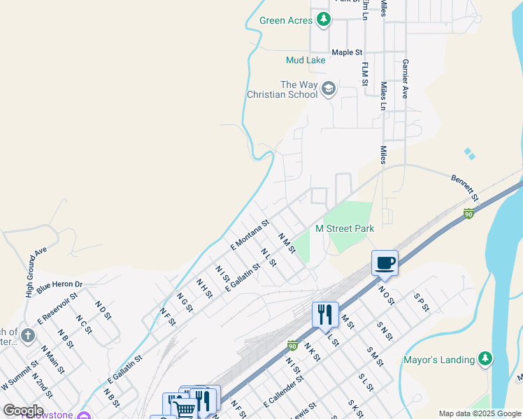 map of restaurants, bars, coffee shops, grocery stores, and more near 616.5 N M St in Livingston