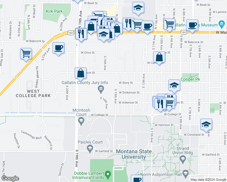 map of restaurants, bars, coffee shops, grocery stores, and more near 520 South 15th Avenue in Bozeman