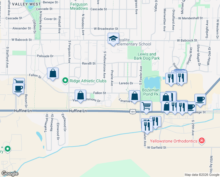 map of restaurants, bars, coffee shops, grocery stores, and more near 510 South Yellowstone Avenue in Bozeman