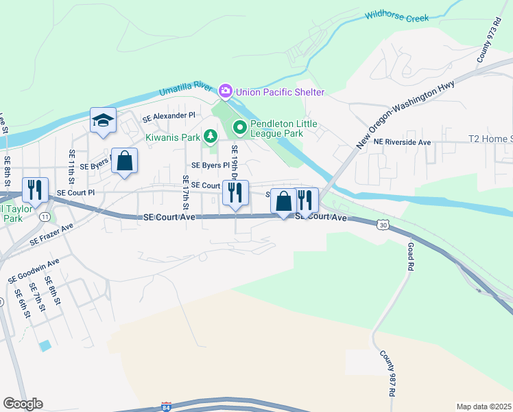 map of restaurants, bars, coffee shops, grocery stores, and more near 416 Southeast 20th Street in Pendleton