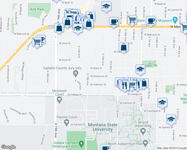 map of restaurants, bars, coffee shops, grocery stores, and more near 1405 West Dickerson Street in Bozeman