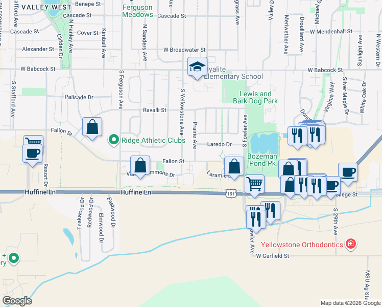 map of restaurants, bars, coffee shops, grocery stores, and more near 510 South Yellowstone Avenue in Bozeman