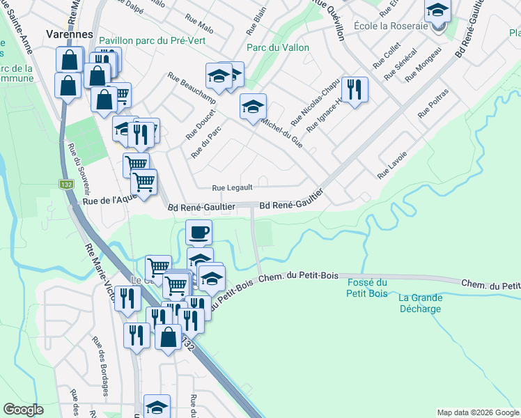 map of restaurants, bars, coffee shops, grocery stores, and more near 101 Rue Jules-Phaneuf in Varennes