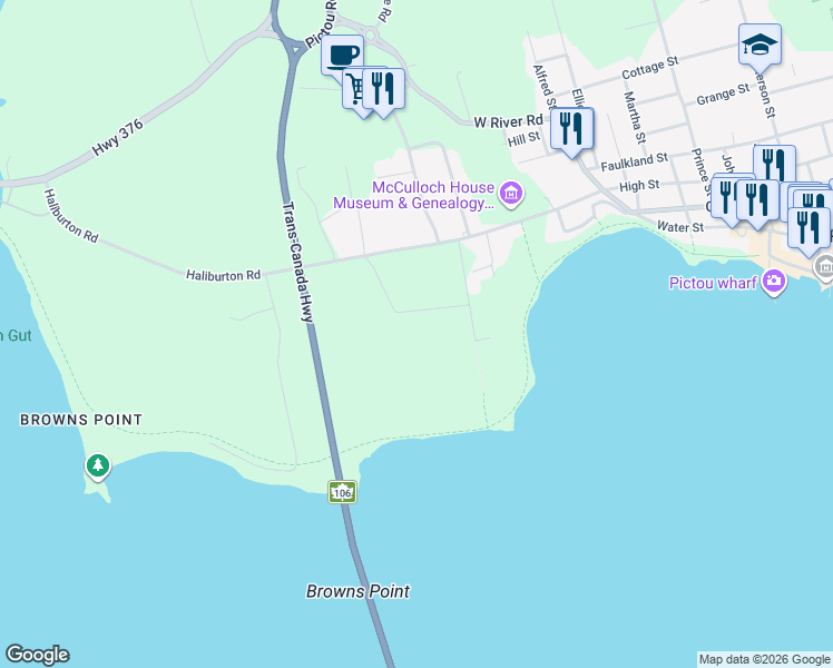 map of restaurants, bars, coffee shops, grocery stores, and more near 105 Harbour Crossing Drive in Pictou