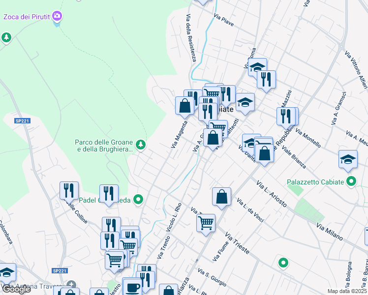 map of restaurants, bars, coffee shops, grocery stores, and more near 6 Via Giuseppe Parini in Cabiate