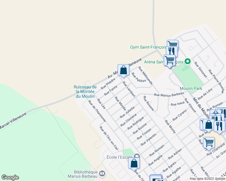 map of restaurants, bars, coffee shops, grocery stores, and more near 1385 Rue Mirelle in Laval