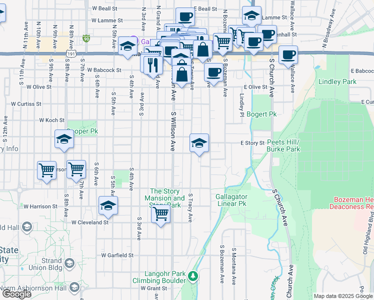 map of restaurants, bars, coffee shops, grocery stores, and more near 519 South Tracy Avenue in Bozeman