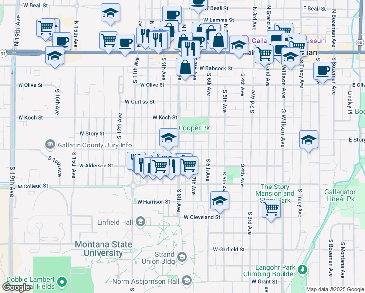 map of restaurants, bars, coffee shops, grocery stores, and more near 520 South 8th Avenue in Bozeman