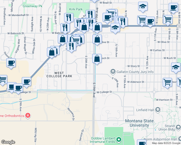 map of restaurants, bars, coffee shops, grocery stores, and more near 1907 West Dickerson Street in Bozeman