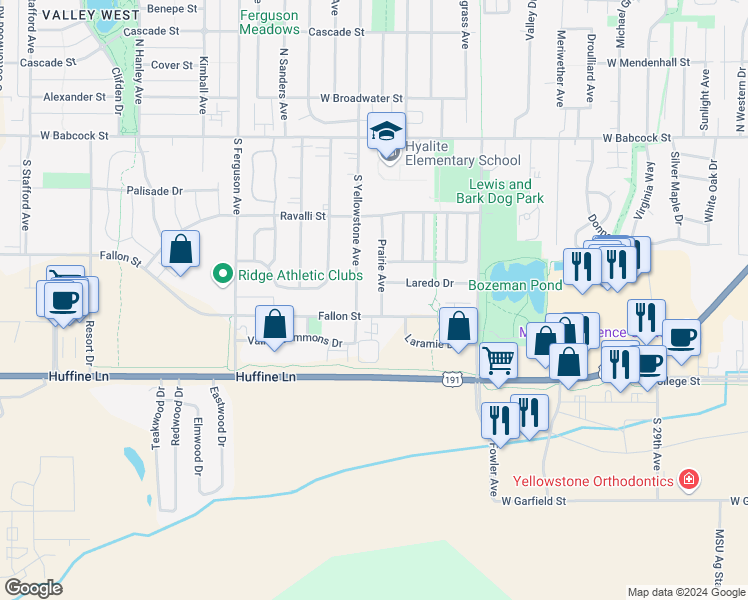 map of restaurants, bars, coffee shops, grocery stores, and more near 515 Prairie Avenue in Bozeman
