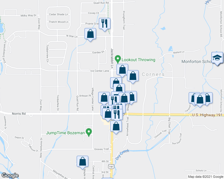 map of restaurants, bars, coffee shops, grocery stores, and more near 155 Jackrabbit Lane in Bozeman