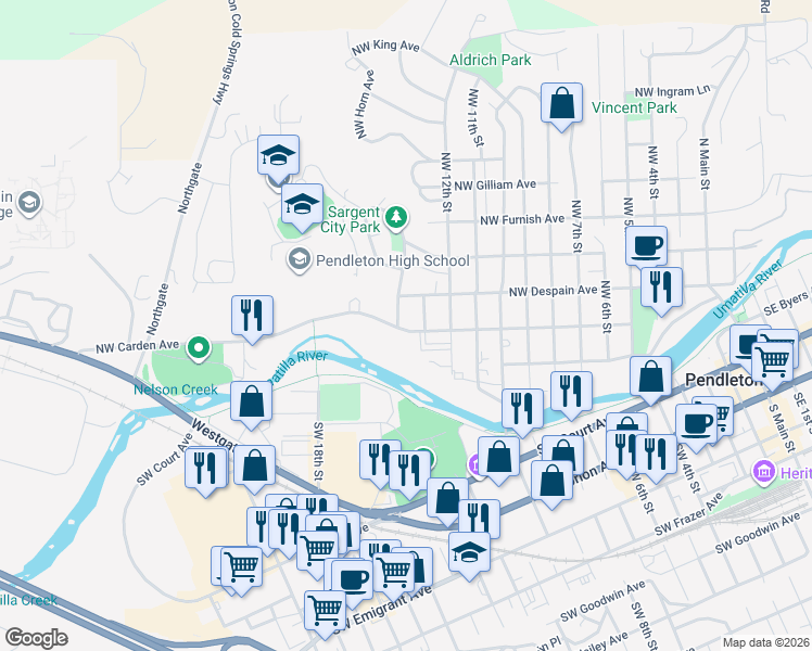 map of restaurants, bars, coffee shops, grocery stores, and more near 202 Northwest 14th Street in Pendleton