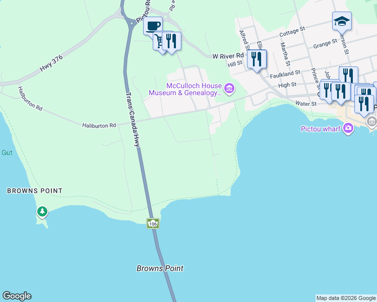 map of restaurants, bars, coffee shops, grocery stores, and more near 105 Harbour Crossing Drive in Pictou